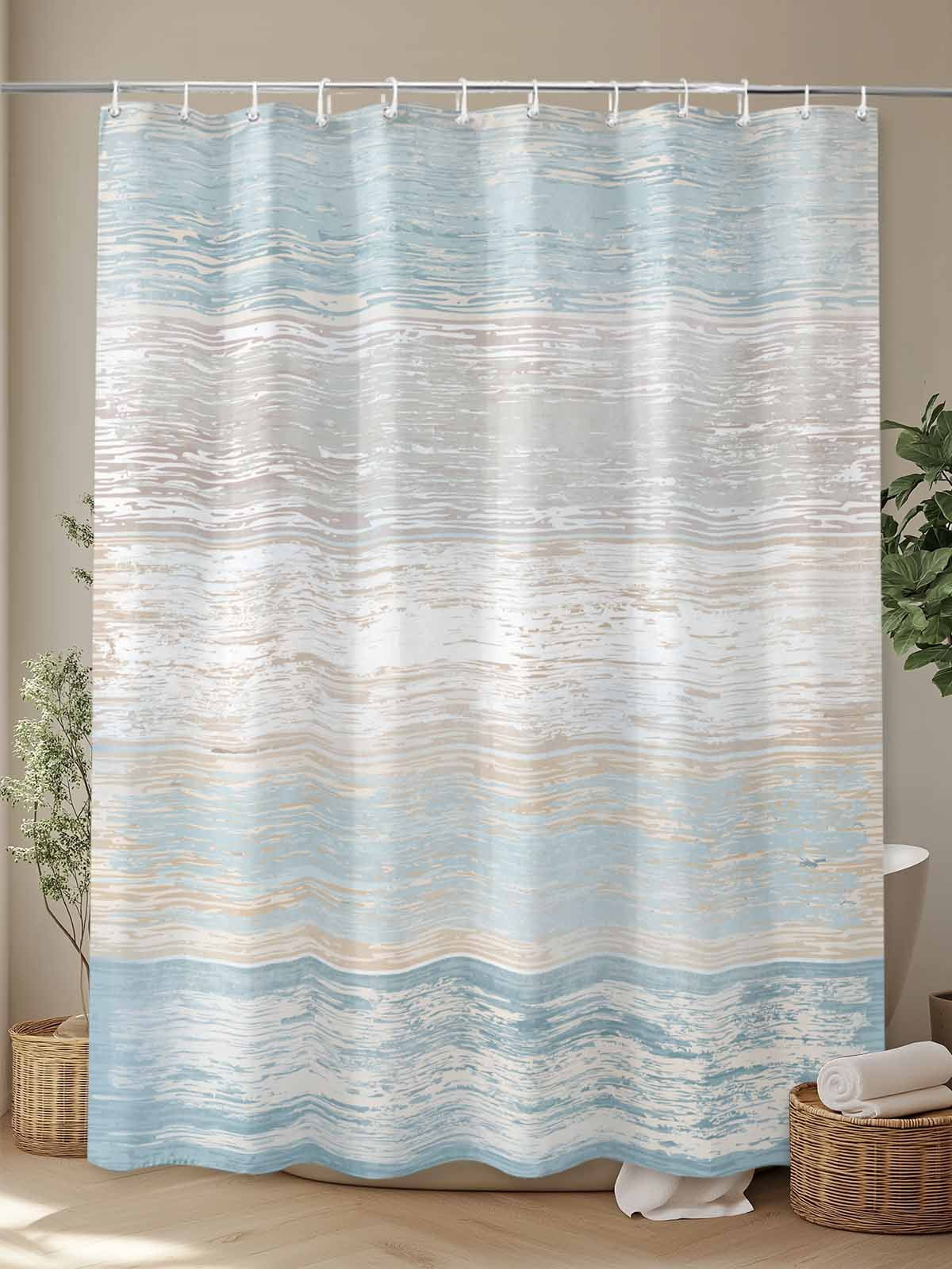 Blue Beige Farmhouse Standard Shower Curtain Set, Waterproof Shower Curtains for Bathroom, Vintage Wooden Striped Washable Fabric Cloth Bath Curtain for Bathtub Decoration with Hooks 72x72 Inches