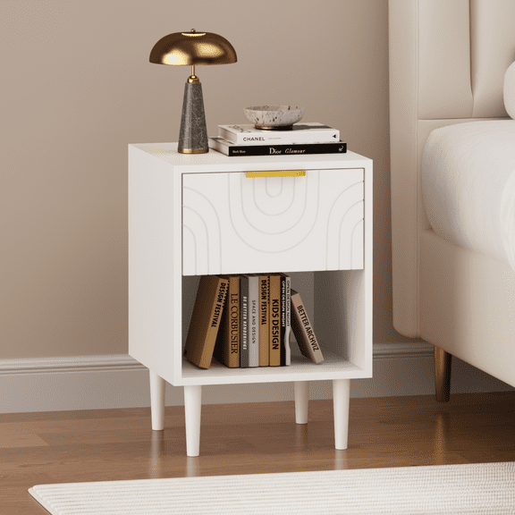 Modern White Nightstand with One Drawer and Open Shelf Ideal for Bedroom Decor