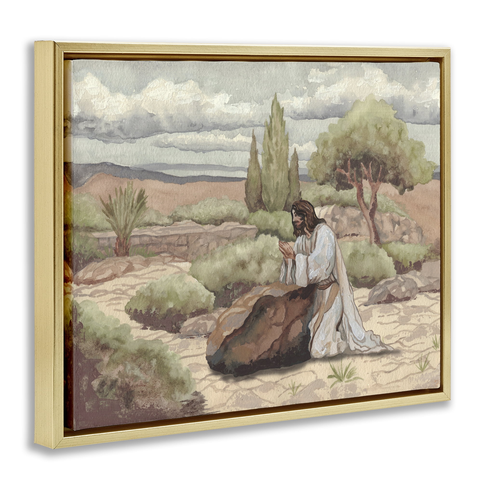 Stupell Industries Jesus Praying Countryside Gold Framed Floater Canvas Wall Art, design by Elizabeth Medley