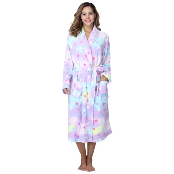 PajamaX Women's Long Fleece Robe with Shawl Collar, Side Pockets, Plush Warmth, Print Design (L, star)
