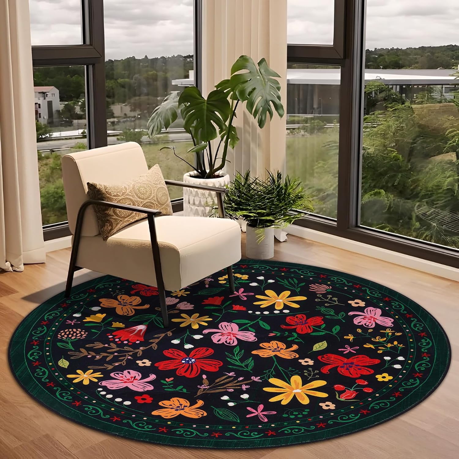 BLEUM CADE Round Area Rug for Bedroom,Flower Spring Rug Machine Washable Soft Carpet for Kids,Black,4x4 ft