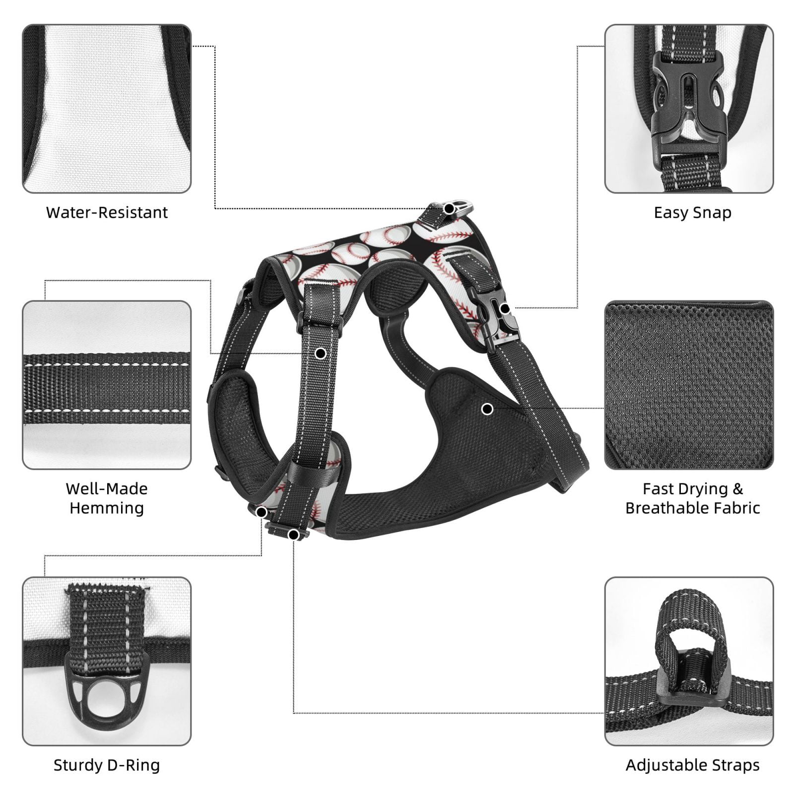 Kdxio Cute Baseball Print No Pull Dog Harness Adjustable Reflective Oxford Easy Control Medium Large Dog Harness for Training and Everyday-Medium