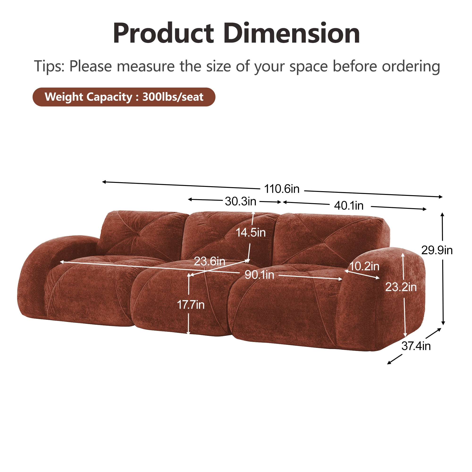 AISWORD 110" 3-Seat Modular Cloud Sectional Sofa, Ultra-Soft Boneless Sectional with 32D High-Density Foam & Anti-Slip Bottom, No Assembly Required