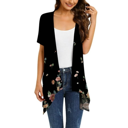 

Cathalem Women Floral Short Sleeve Cardigans For Women Casual Drape Open Front Lightweight Summer Cardigan High Low Hem Black XXL