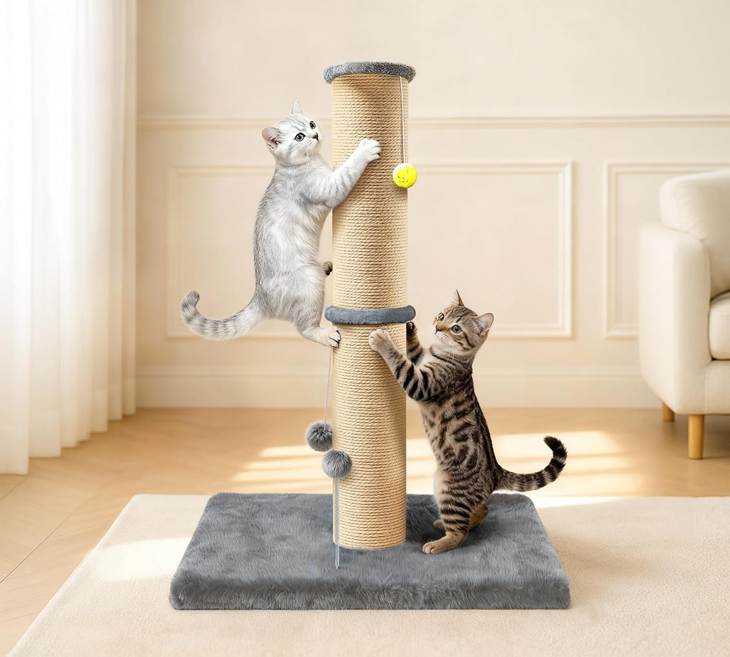 5-Inch Thick Sisal  Scratching Post, 36 Tall  Scratch Tower with Top Platform and -Stable Base,   Scratcher for Indoor Cats, Gray