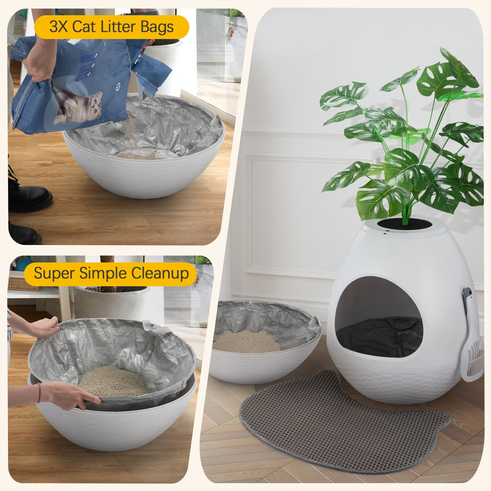 Jaxpety Large Smart Plant Litter Box with Deodorization System, Artificial Plants,5 Cat Litter Bags,Light,Cat Litter Mat,Scoop,White