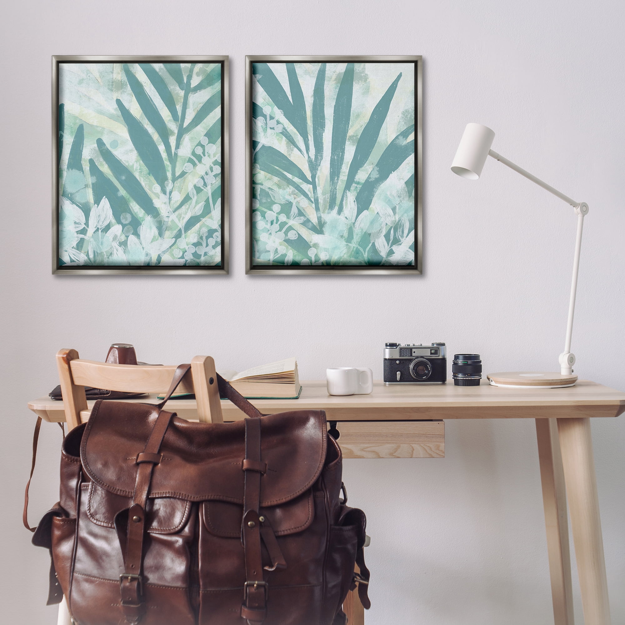 Stupell Industries Teal Palm Fronds Plants & Flowers Painting Gray Floater Framed Canvas Art Print Wall Art, 31 x 25, Set of 2