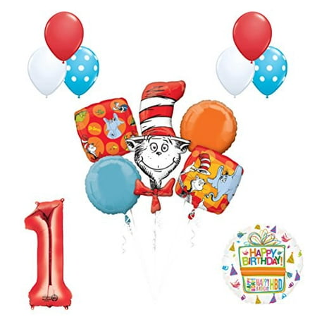 13 pc Dr Seuss Cat in the Hat 1st Birthday Party Balloon supplies