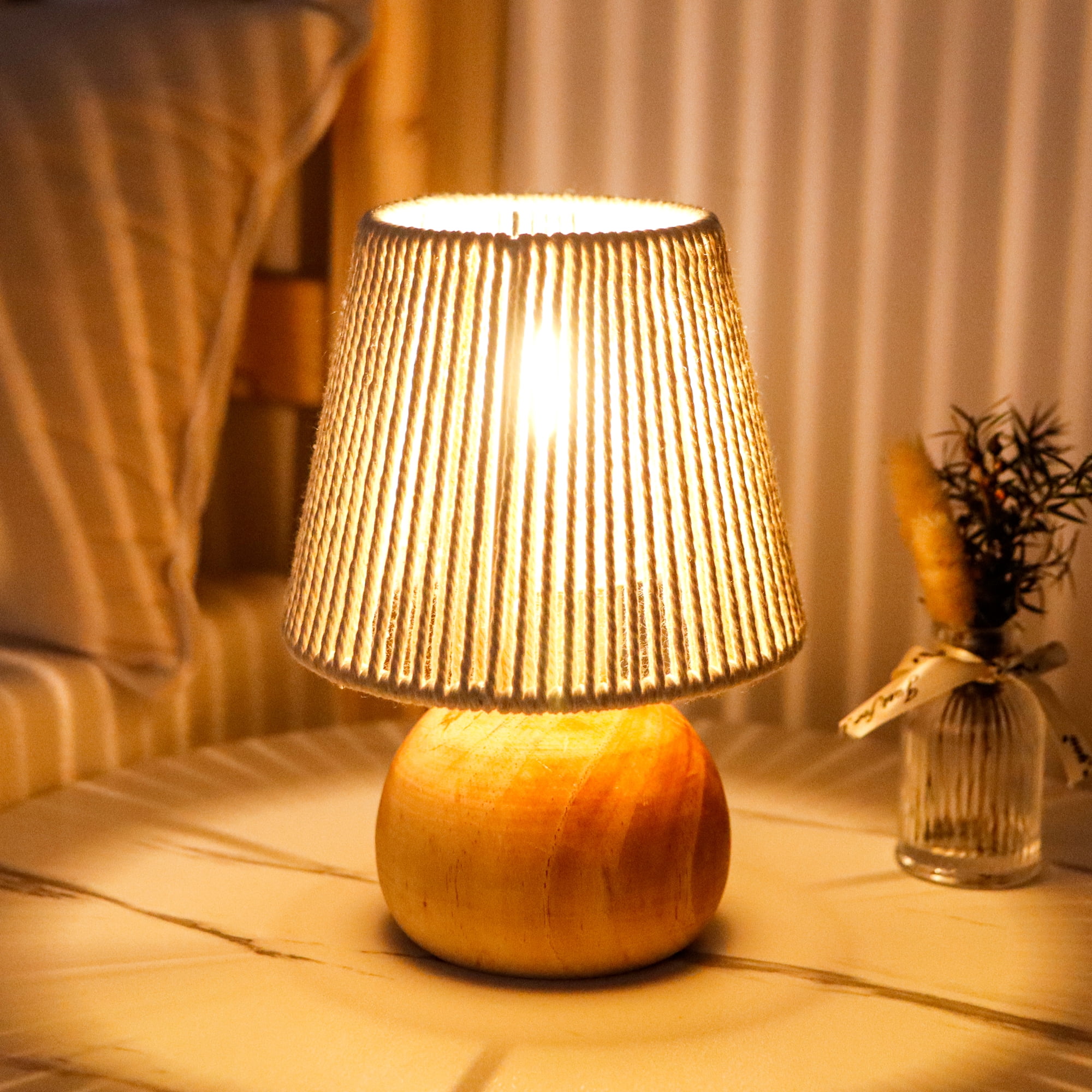 Set of 2 Woven Cotton Rope Table Lamp - 8'' Tall Cordless Battery Powered Lamps with Wooden Base