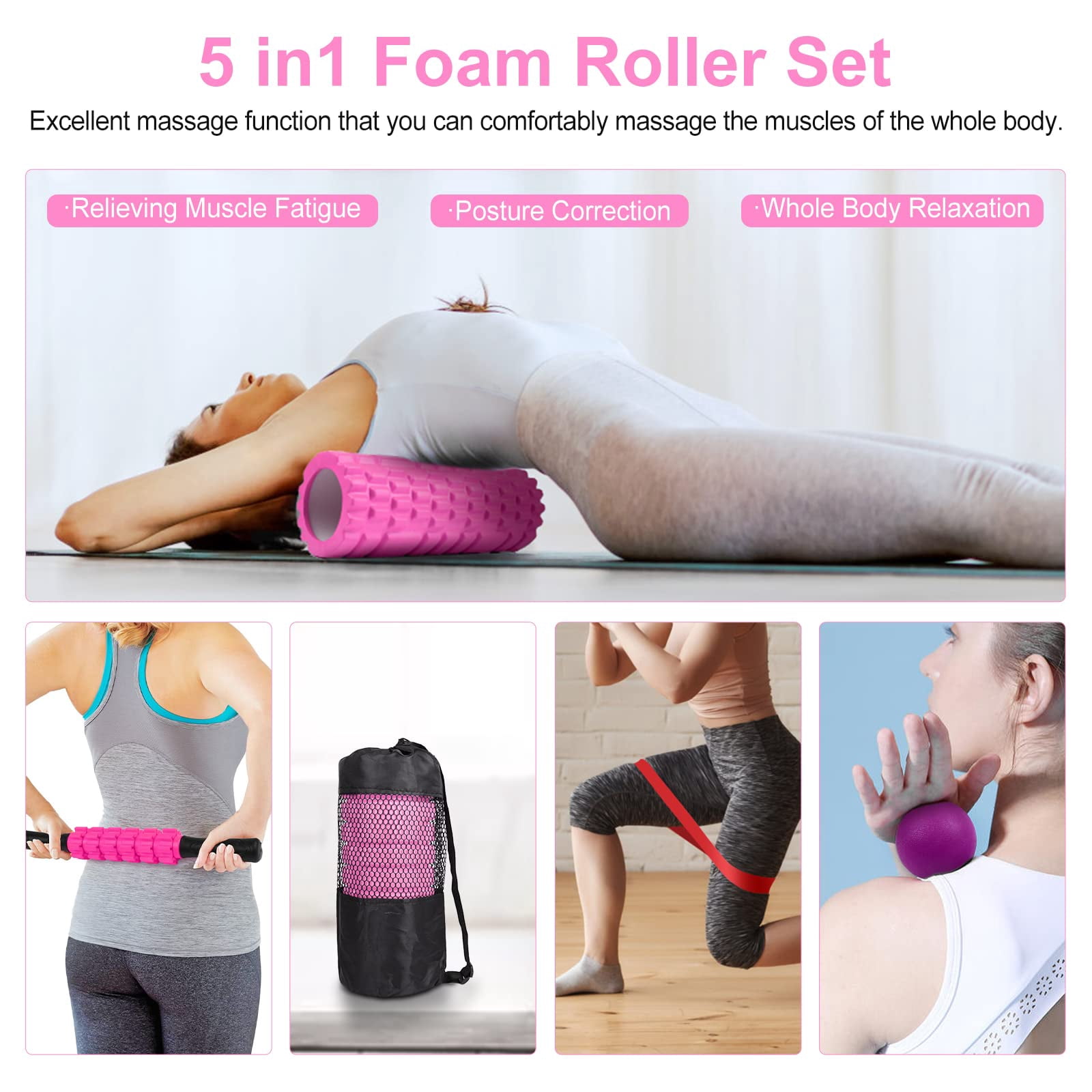 5 In 1 Foam Roller Set Includes Hollow Core Massage  Yoga Stick Ball Fitness Stretching Strap Carrying Bag Towel (pink)