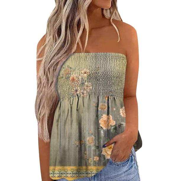 Playeras,Blusas y Tops,Ropa para Mujer Damas Camisetas Camiseta de tirantes sin mangas con estampado floral para mujer, cintura elástica plisada, sin espalda (Yellow, XXL)