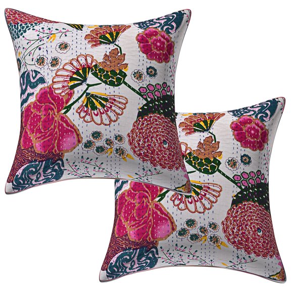 Stylo Culture Indian Decorative Throw Pillow Covers 16 x 16 Kantha White Printed 40 x 40 cm Living Room Lounge Decor Cotton Tropicana Square Cushion Covers | Set Of 2