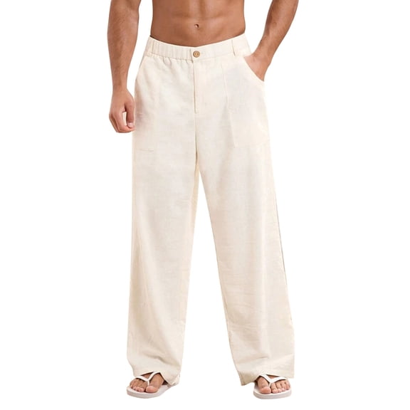 LWavelet Mens Linen Wide Leg Pants Elastic Waist Button Detail Summer Pants Beige L