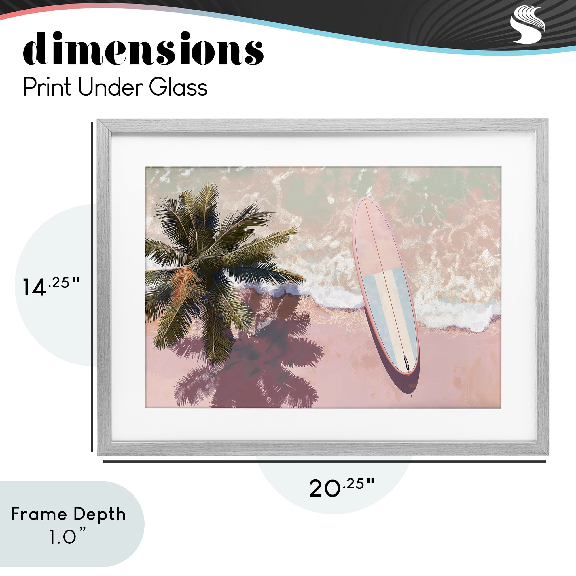 Stupell Industries Blush Pink Surfboard & Palm Gray Framed Print Under Glass, design by Jacky Ngan