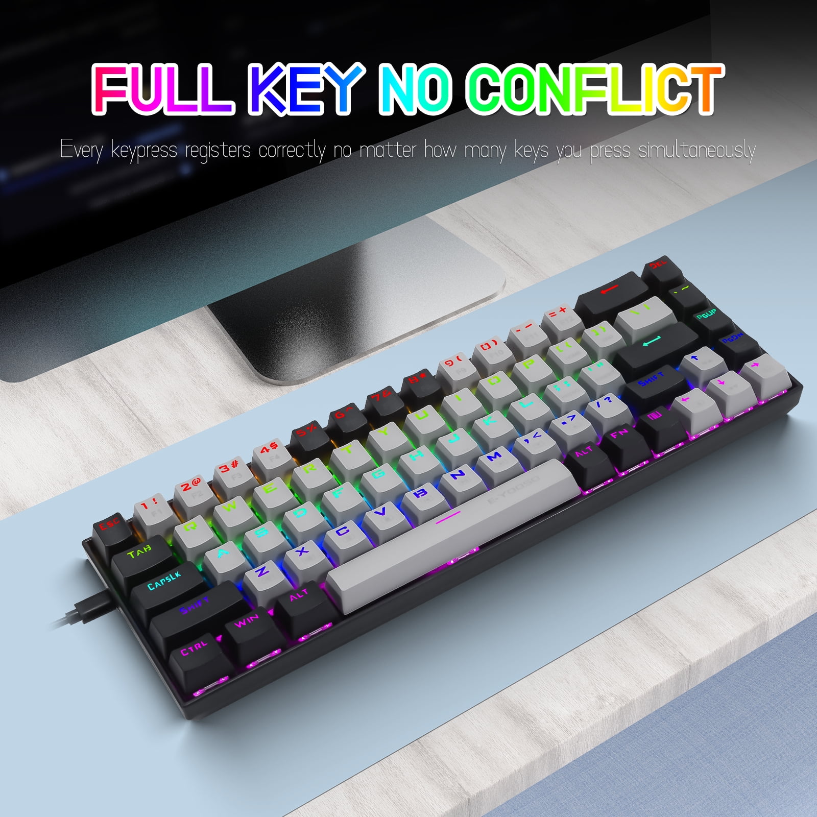 65% RGB Gaming Keyboard, E-YOOSO Z-686 Wired 68 Keys Mechanical Keyboard, Linear Red Switches, Pro Software Supported, Detachable Cable, Separate Arrow Keys - Grey/Black
