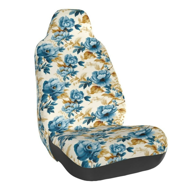 Wukai Vintage Blue Flowers Full Set Car Seat Covers with Soft Padding Universal Auto Front Seats Protector and Cushion Mat