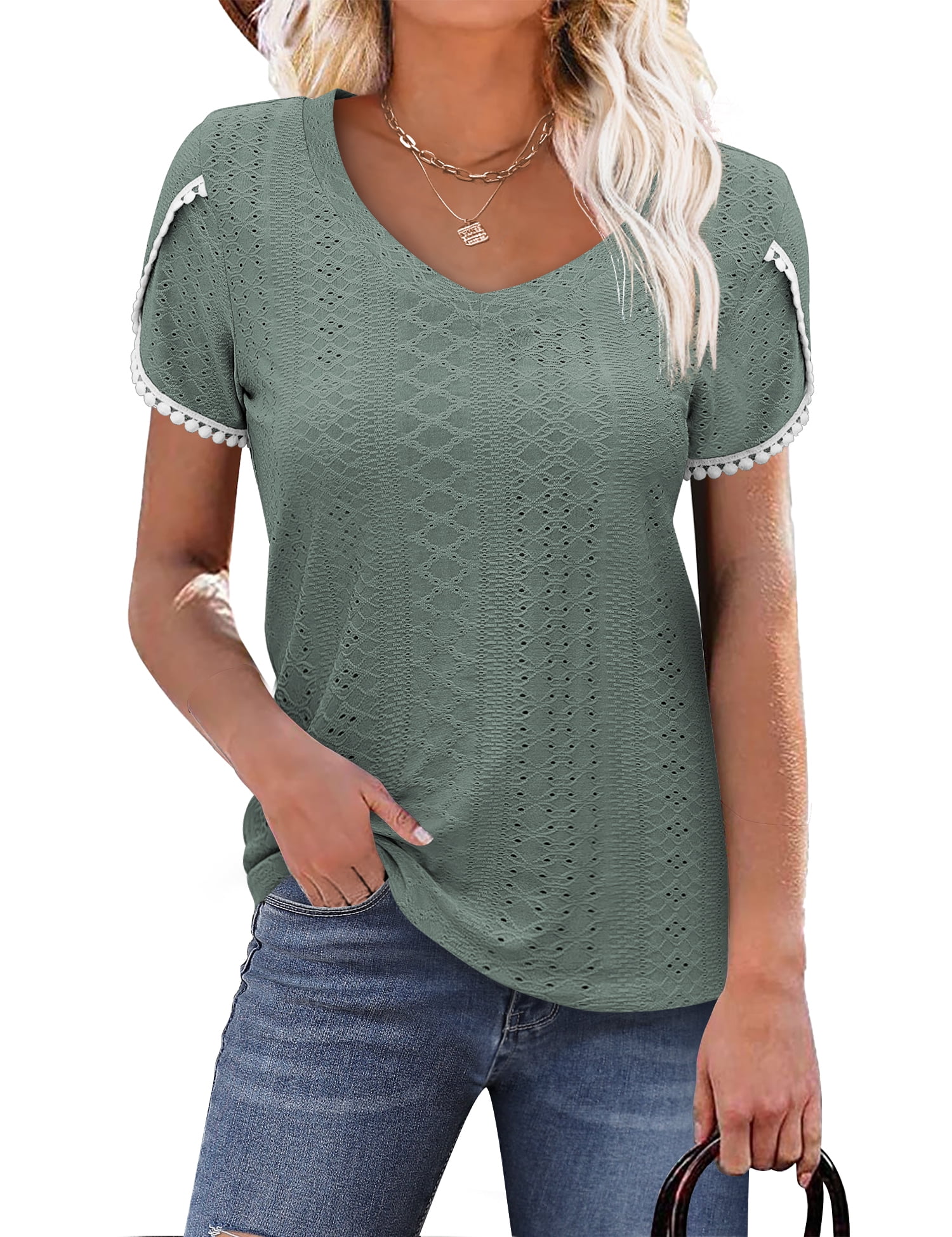 OmicGot Womens Summer Tops V Neck T-Shirts Lace Crochet Short Sleeve ...
