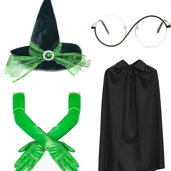 Green Witch Costume Accessories, Hat Cape Gloves Witchy Glasses for Adult Women for Cosplay Dress Up