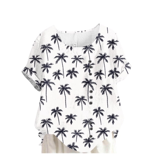 Camisetas de Manga Corta para las Mujeres Casual Cuello Redondo Cómodo de Lino Camiseta Botón Blusa Top Verano Manga Corta para las Mujeres