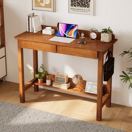 BESKADI Solid Wood Desk with Drawers - 39 x 16 Inch Narrow Desk with 2 Drawers, Bookshelf & 2 Hooks, Mid Century Modern Desk, Writing & Computer Desk for Small Spaces - Walnut