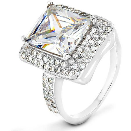 ELYA Sterling Silver Clear Radiant-Cut CZ Double Halo Ring