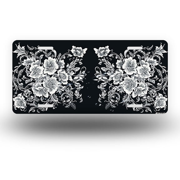 License Plate,White Floral Embroidery on Black Decorative Front,Personalized Stainless Steel License Plate Cover For Men Women,12.2" X 6.2"