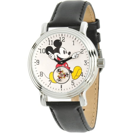 Disney, Articulating Classic Mickey Mouse Women's Silver Vintage Alloy Watch, Black Leather Strap