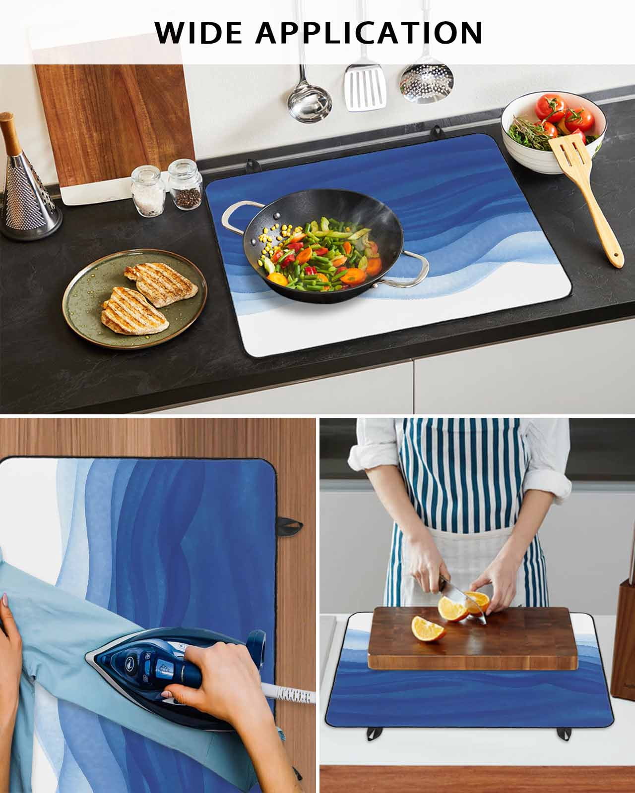 Large Induction Cooktop Protector Mat Ombre Blue Waves Stove Top Covers for Electric Stove, Abstract Art Gradient Modern Decorative Stove Burner Cover Mats, Glass Top Stove Cover