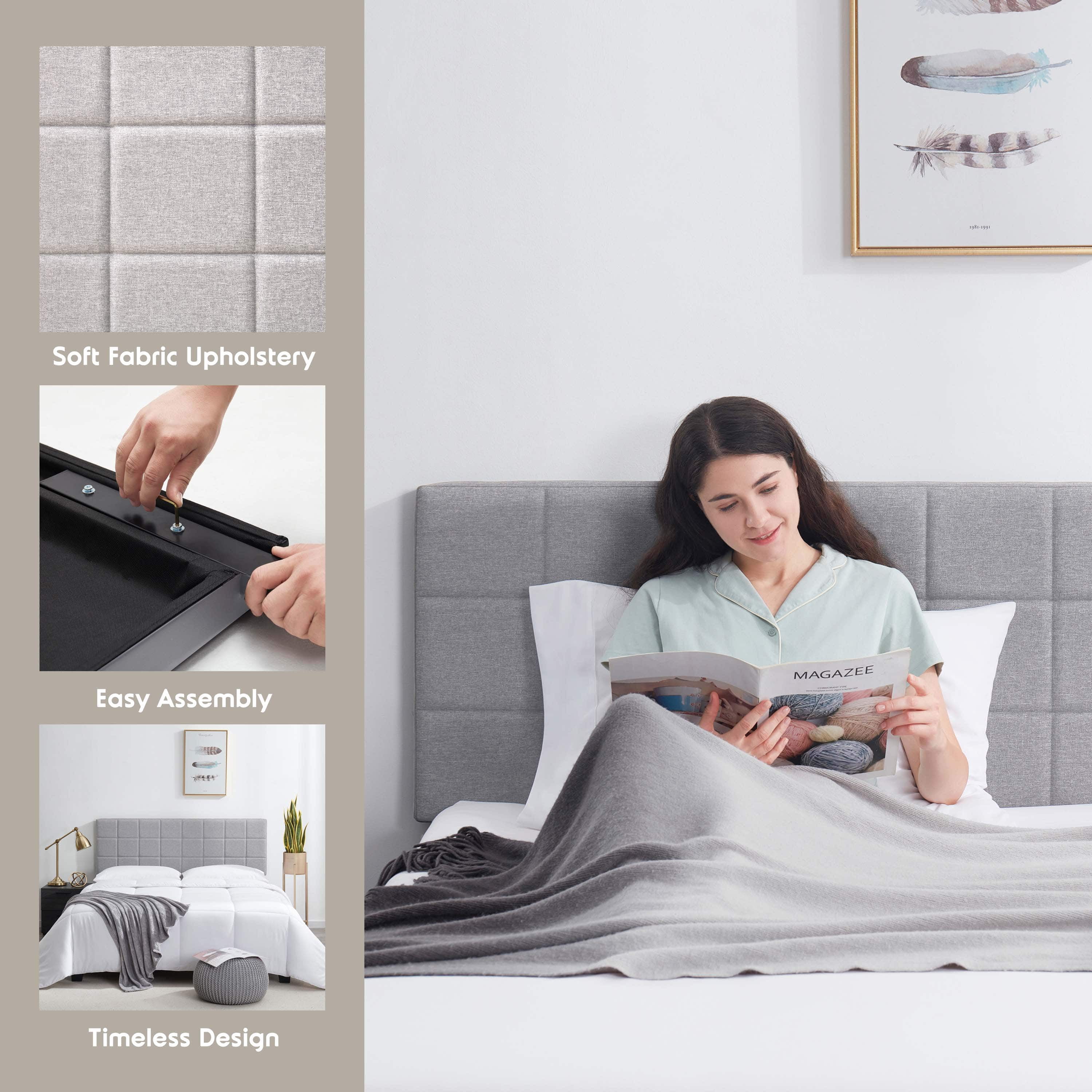 LammaLoe Square Tufted Upholstered Queen Headboard with Adjustable Height, Silver, Queen