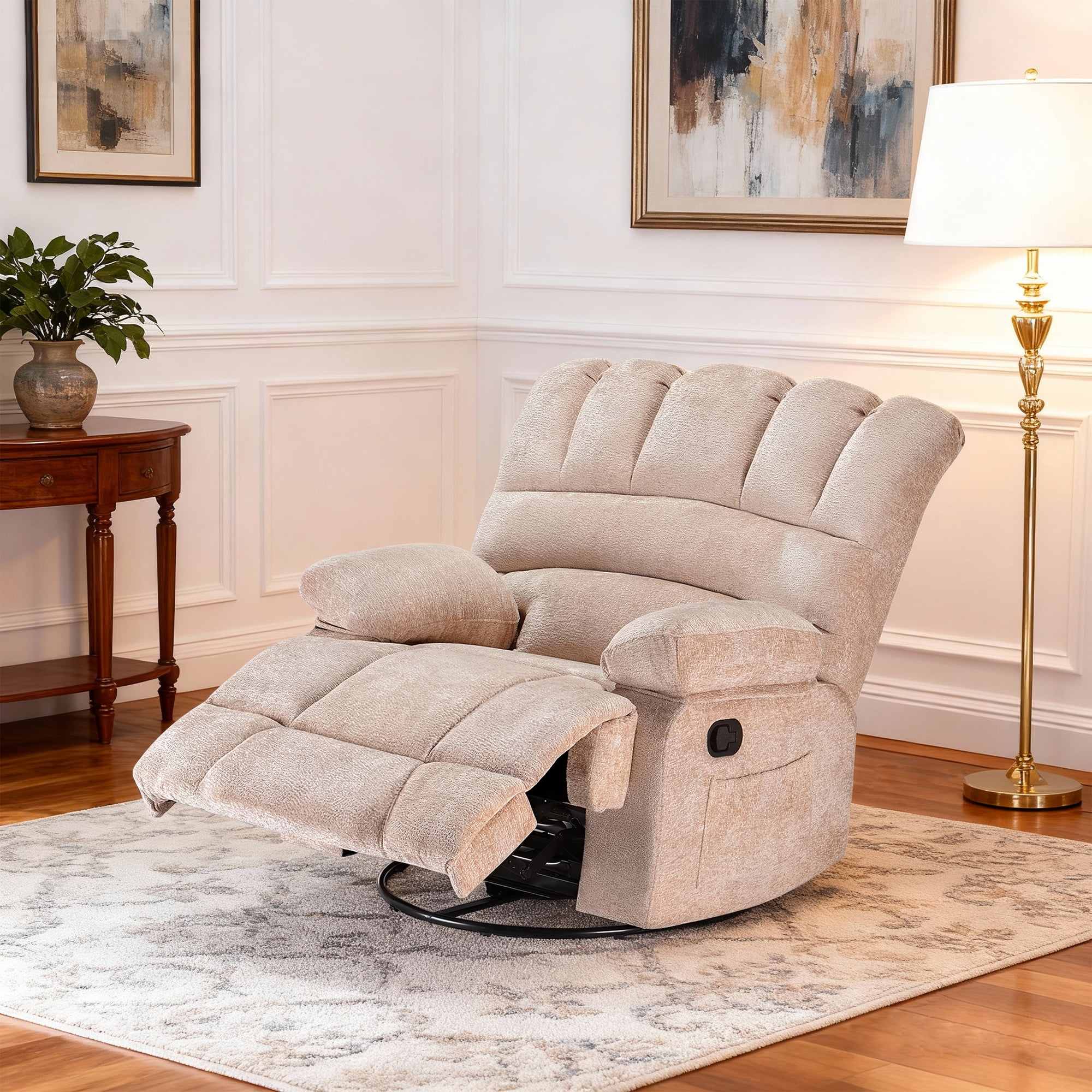 MAYEERTY Beige Oversized Swivel Rocker Recliner Sofa for Adults, Chenille, Perfect for Living Room