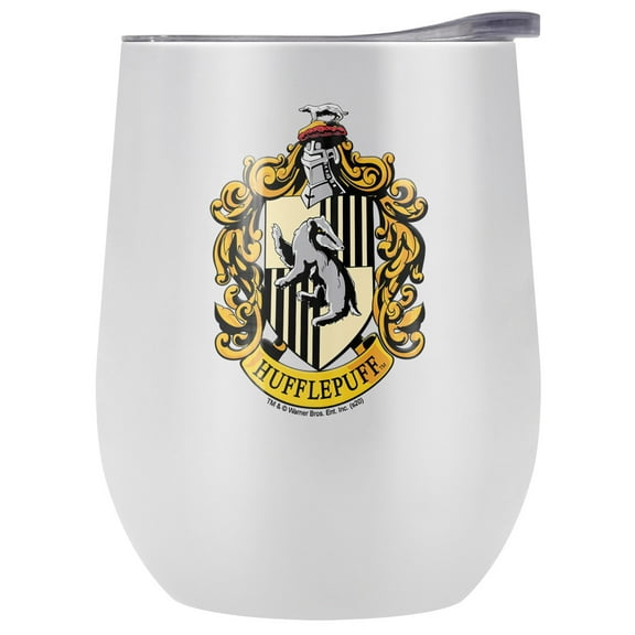 Harry Potter Official Hufflepuff Crest 12 oz Stemless Tumbler, Stainless Steel Travel Cup|Lake Tumbler|Insulated with Leak Resistant Slide-Lock Lid, White
