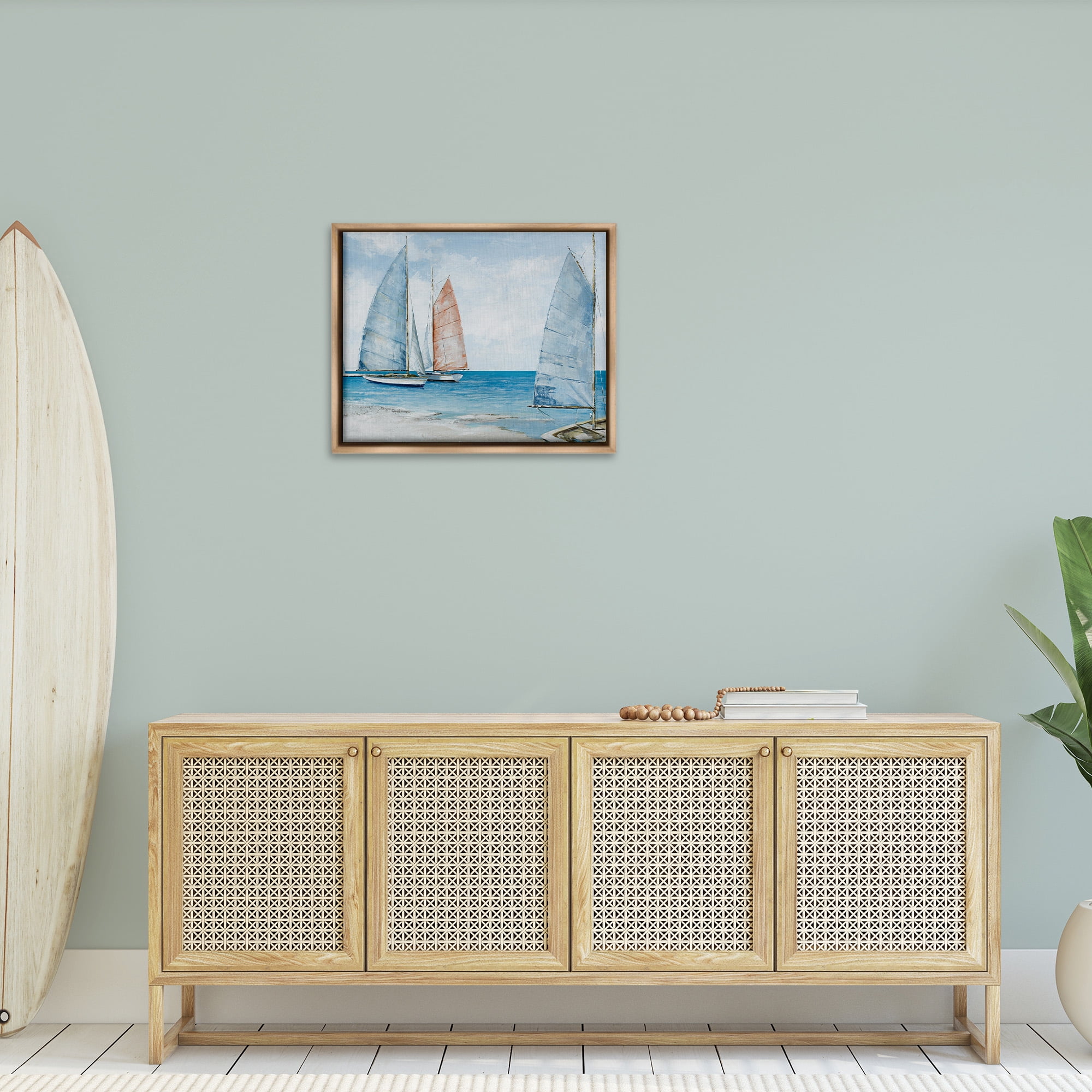 Stupell Industries Coastal Sailboat Fleet Transportation Painting Brown Floater Framed Canvas Art Print Wall Art, 31 x 25