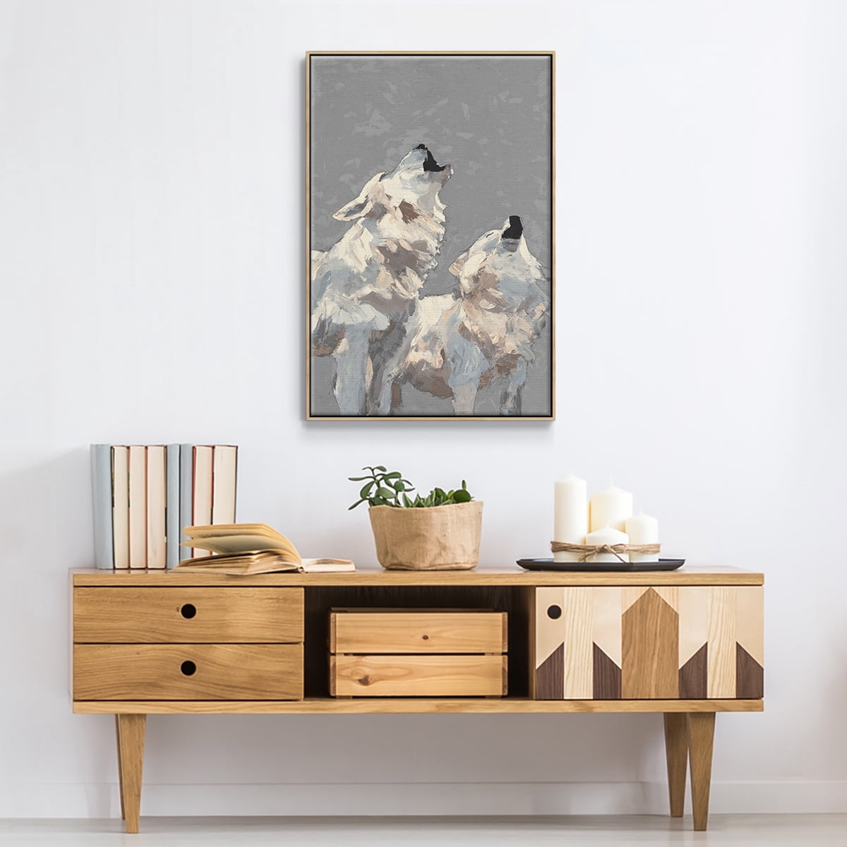 Midnight Wolves Framed Premium Gallery Wrapped Canvas - Ready to Hang - 27 x 41 - Natural Wood Floating Frame