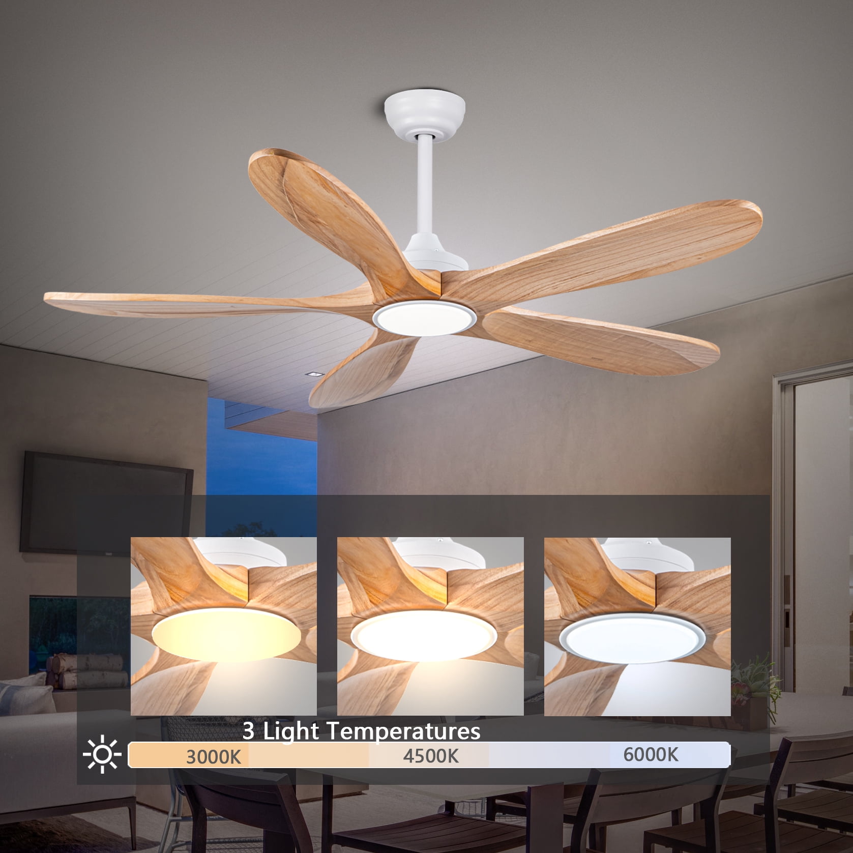 Mintazer 52 in Ceiling Fan with Lights and Remote, Modern Ceiling Fan with 6 Speed & 5 Blade for Farmhouse Bedroom Living Room Gazebo Patio, Natural
