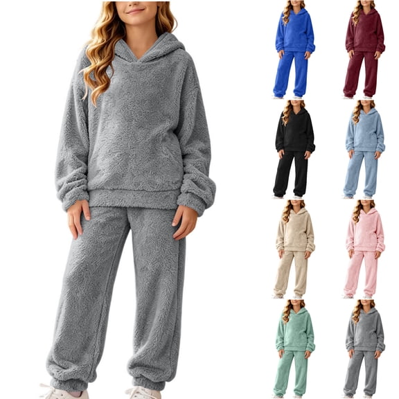 Husipze Sherpa Fleece Two Piece Lounge Set Soft Fuzzy Outfit for Girl Tapered Pants Elastic Waist Jogger Pants Cozy Pullover Hoodies Loungewear Gray 5-6 year