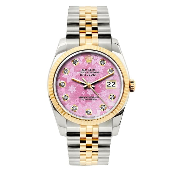 Pre-Owned Rolex Datejust 36MM 16233 Pink Floral Diamond Dial Fluted Bezel Two Tone Yellow Gold Jubilee Bracelet