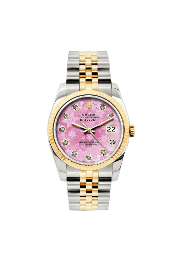 Pre-Owned Rolex Datejust 36MM 16233 Pink Floral Diamond Dial Fluted Bezel Two Tone Yellow Gold Jubilee Bracelet