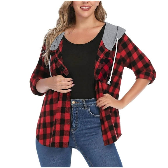 Ltctricy Women's Plaid Hooded Shakets Drawstring Long Sleeve Button down Shirts Lightweight Casual Jackets with Pocket(Red,X-Large)