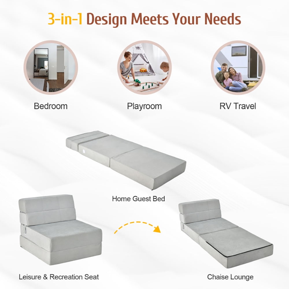 Finihen Convertible Sleeper Bed, Folding Sleeper Chair Sofa Bed, Tri-Fold Folding Chair, for Living Room, Bedroom, Apartment, Dorm, Gray Finihen Convertible Sleeper Bed, Folding Sleeper Chair Sofa Bed, Tri-Fold Folding Chair, for Living Room, Bedroom, Apartment, Dorm, Gray