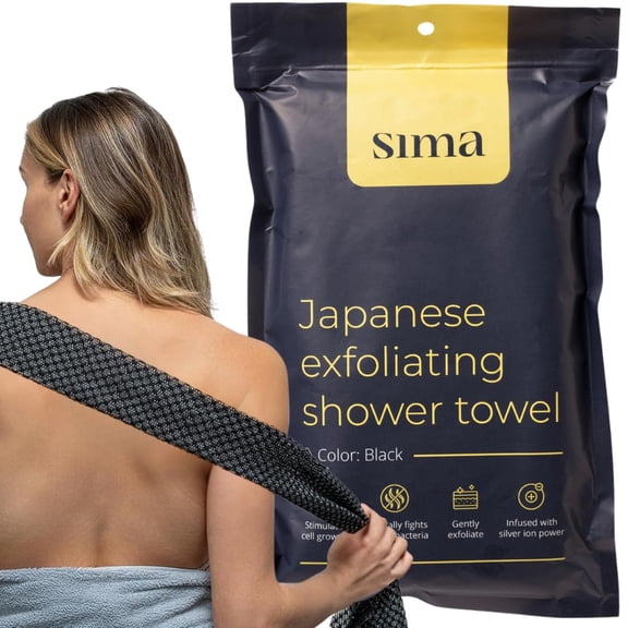Exfoliating Washcloth Face & Body Scrub Towel - Japanese Exfoliating Towel with Hexagon Fibers, Body Scrubber with 2 Sides for Scrubbing & Washing, Extra Long Body Towel (Black)