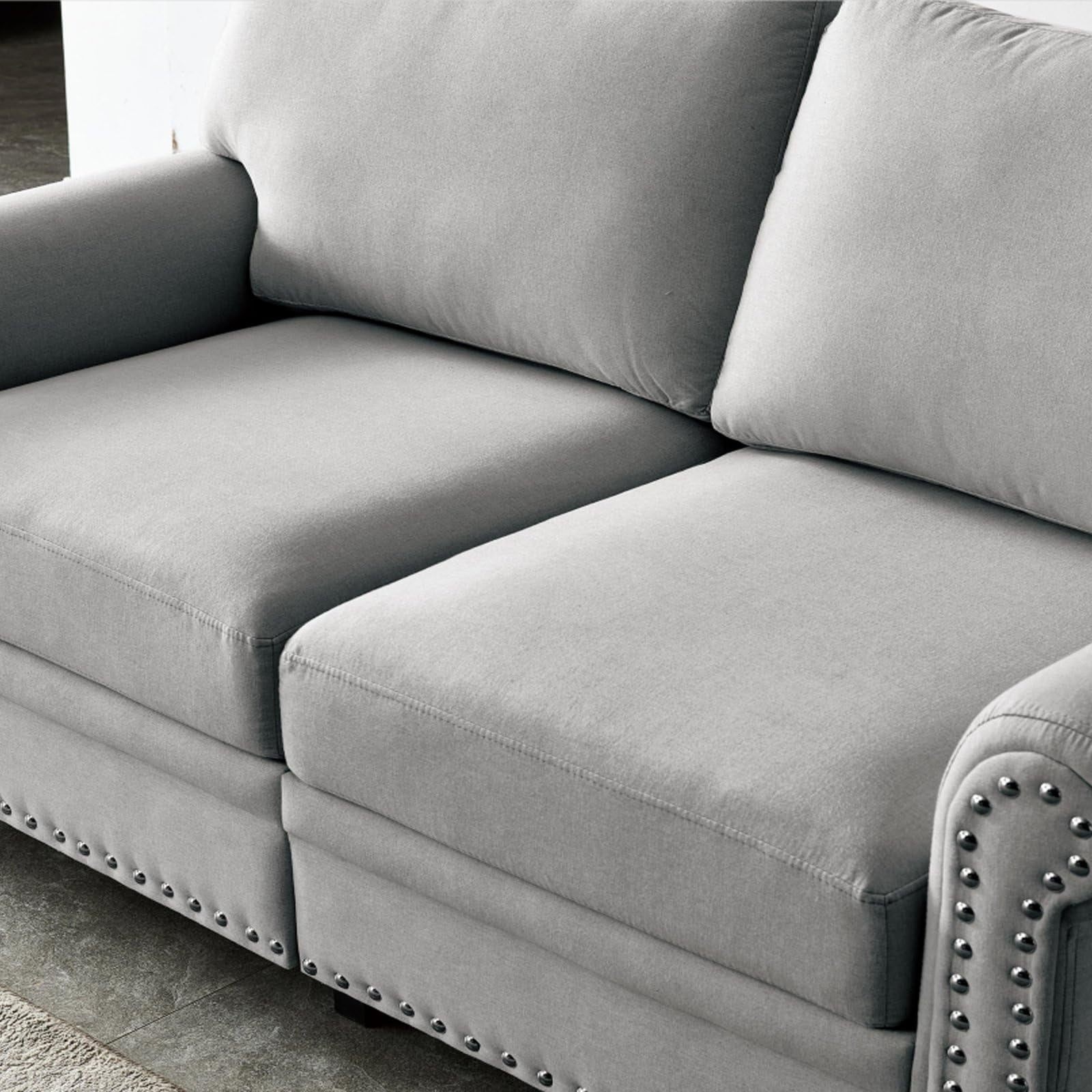 Grey Fabric Loveseat Sofa with Storage - Modern Round Arm Upholstered 2-Seater, 100% Polyester, Sturdy Solid Wood Frame, 600lbs Capacity