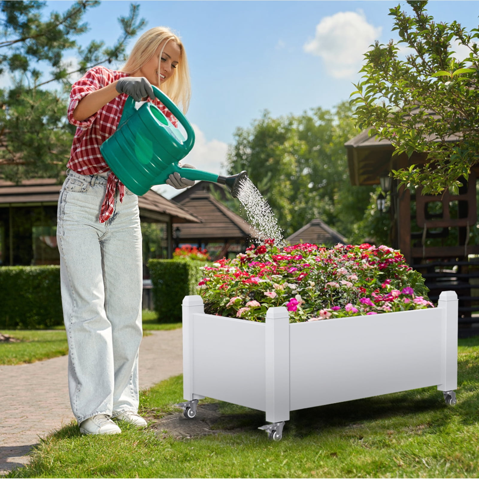 Joxxoaa Raised Garden Bed with Wheels,Self-Watering Raised Planter Box with Drainage Plug & Gauge for Vegetables Flowers Herbs Succulents, Rustproof Resin for Backyard Patio Porch (White)