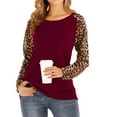 thumbnail image 2 of Odeerbi Shirts for Women Fashion 2025 Casual Solid Long Sleeve Round Neck Leopard Patchwork Blouse Tops Claret, 2 of 5