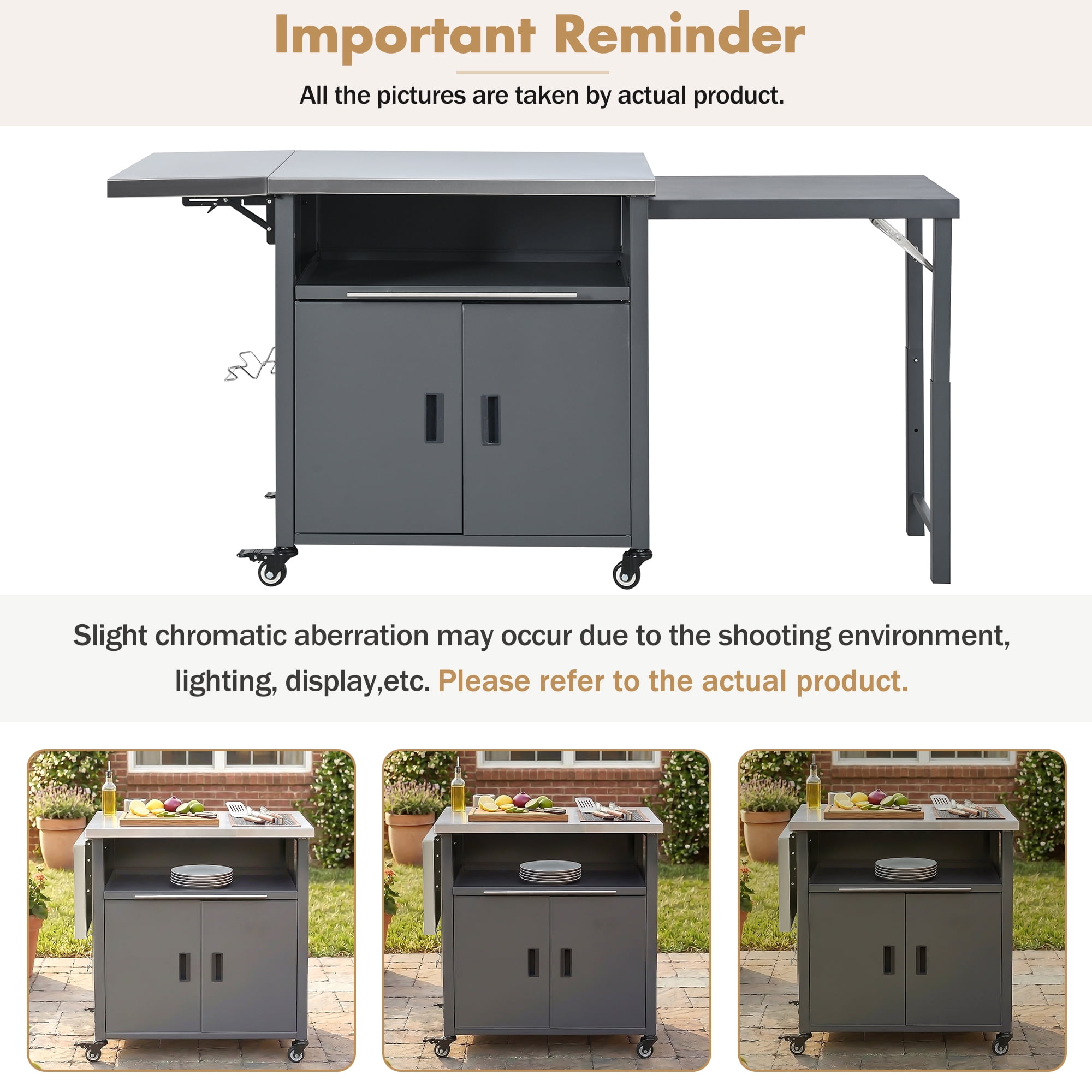 Foldable BBQ Prep Cart, Outdoor Patio Dining Serving Cart with Trash Rack for Backyard, Gray