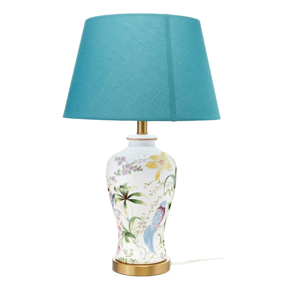 Floral White Ceramic Table Lamp with Teal Shade by Drew Barrymore