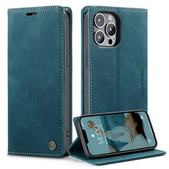 CaseMe for iPhone 14 Pro, Wallet Case Soft PU Leather Flip Case Magnetic Stand Flip Protective Cover Leather Case with ID & Credit Card Slots Holder Case-Cyan