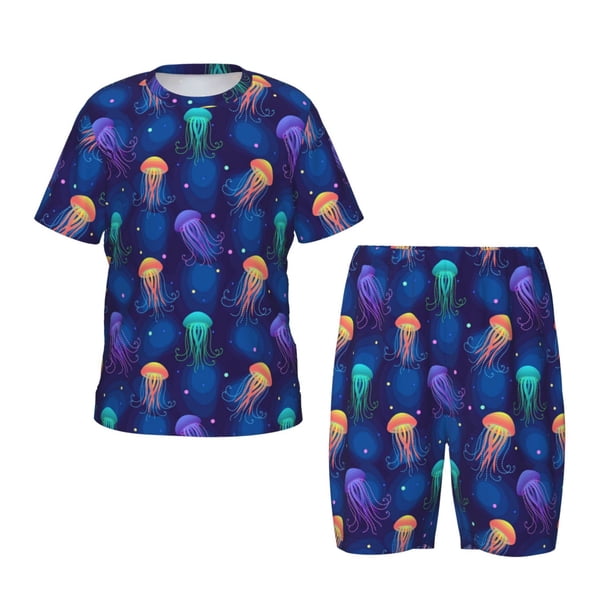 Balery Jellyfish colorful Conjunto de Pijama Infantil de Manga Corta con Estampado – Ropa de Dormir de Algodón Suave-Small