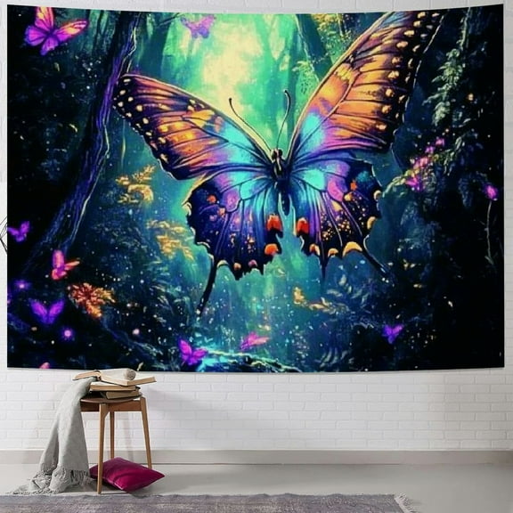 BCIIG  Butterfly Tapestry Trippy Fairy Forest Tapestry Reactive Jungle Trees Tapestry Fantasy Misty Plants Tapestry Aesthetic Neon Wonderland Wall Hanging for Room 40x30inch