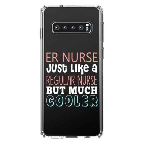 DistinctInk Clear Shockproof Hybrid Case for Samsung Galaxy S10  PLUS (6.4" Screen) - TPU Bumper Acrylic Back Tempered Glass Screen Protector - ER Nurse Just Like Regular But Cooler
