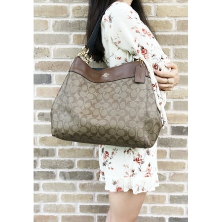 Coach Signature Tote - Coach F27972 Lexy Shoulder Bag Signature Khaki Saddle Leather Trim Tote